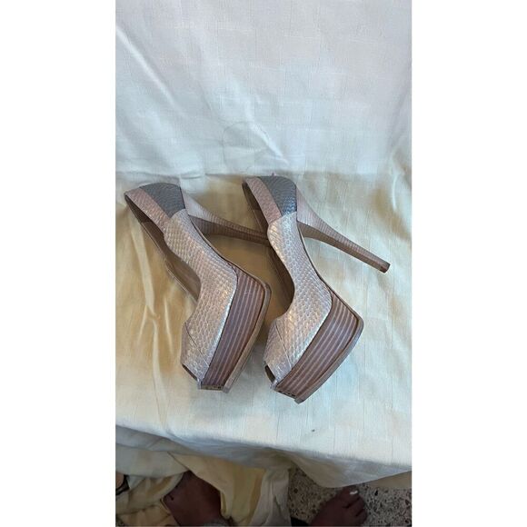 FENDI Beige Python Platform Gold Textured Snakeskin Heels Size 41 Peep Toe - Picture 14 of 14
